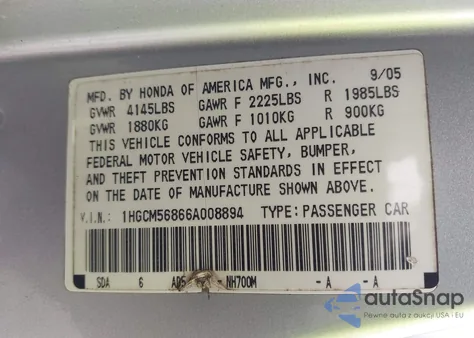 2006 Honda Accord 2.4 Ex from USA, damaged, VIN 1HGCM56866A008894
